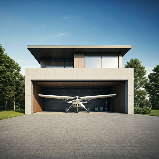 Haus mit einer Garage, in der ein Flugzeug steht